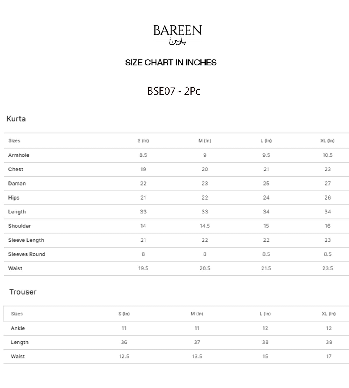 Size chart